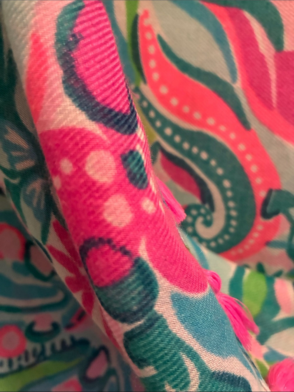 Lilly Pulitzer Pink & Teal Floral Tassel scarf. Shawl - Picture 3 of 4